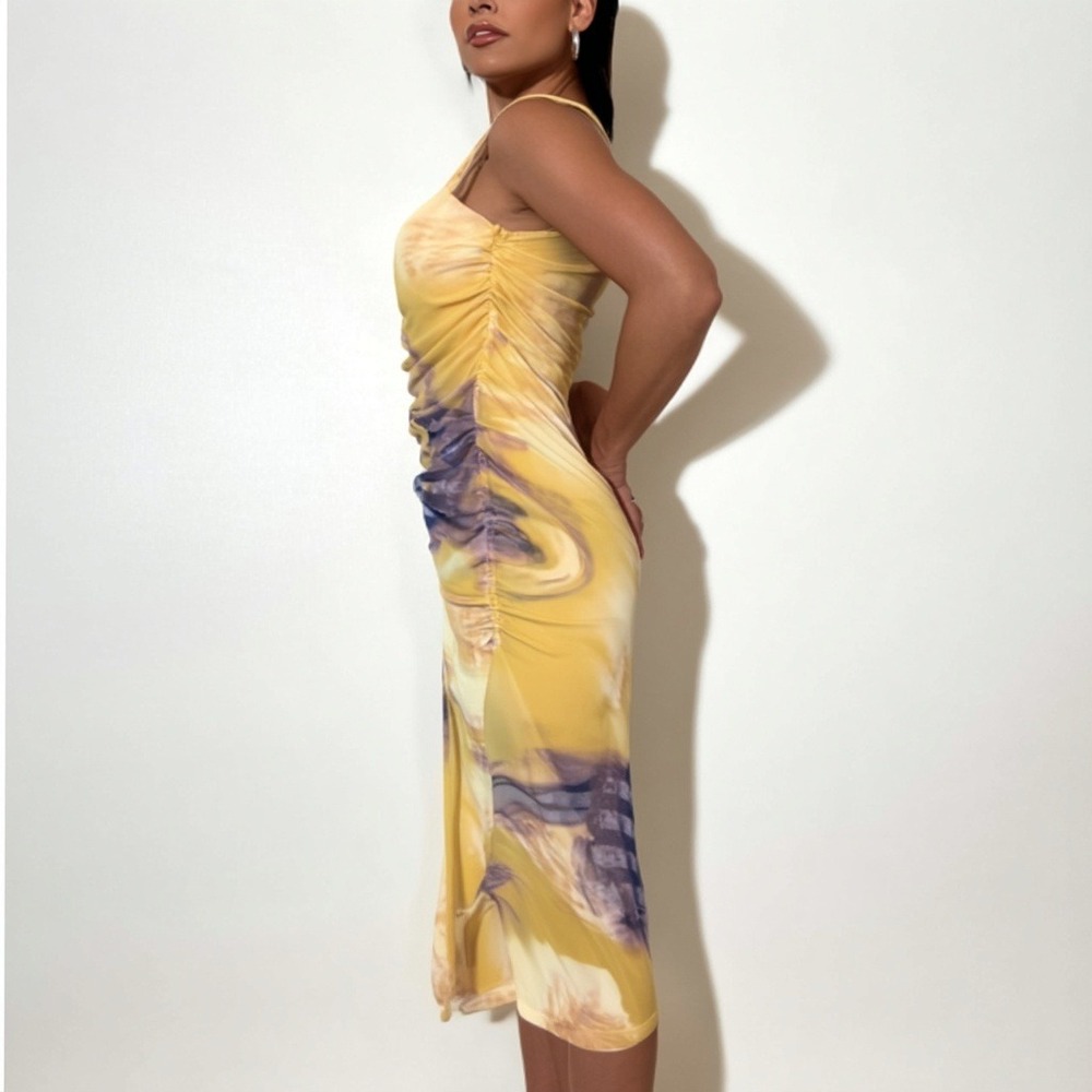 COMMENSE Tie-Dye Mesh Ruched Bodycon Midi Dress‎ Yellow - Size S